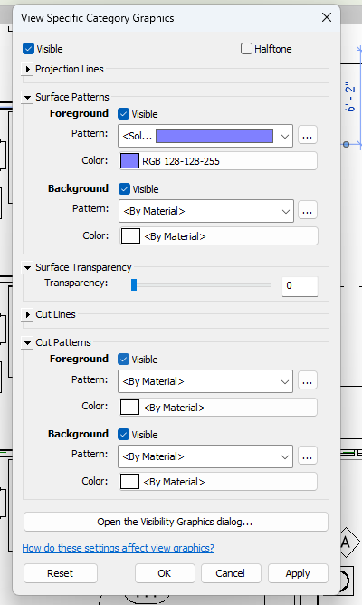 Selector de color de Revit con un morado grisáceo elegido para el relleno de la categoría