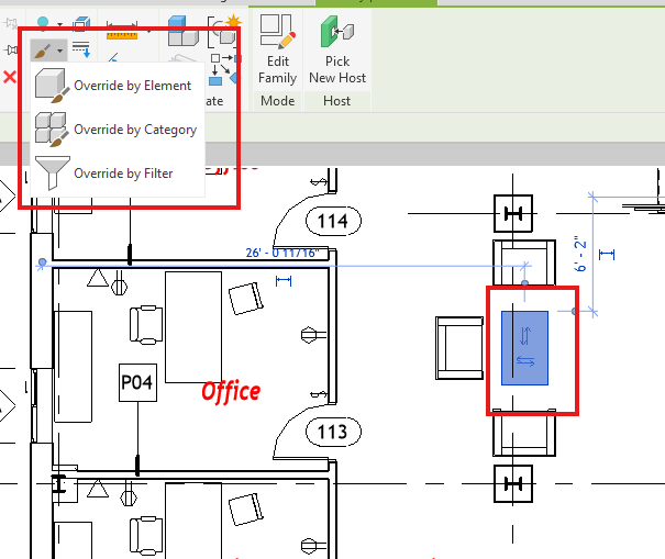 Menú de la herramienta de sustitución de gráficos en Revit, con las opciones de sustituir por elemento, por categoría o por filtro