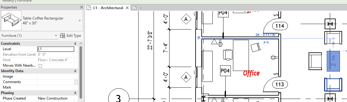 Una mesa de centro seleccionada en la planta de Revit: misma categoría Furniture que la silla, pero otra familia y otro tipo