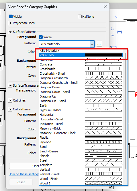 Cuadro de sustitución de gráficos por categoría en Revit, eligiendo un patrón de relleno sólido para la superficie