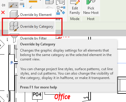 Ayuda emergente de Revit que confirma que la sustitución por categoría afecta a todos los elementos de la misma categoría en la vista actual