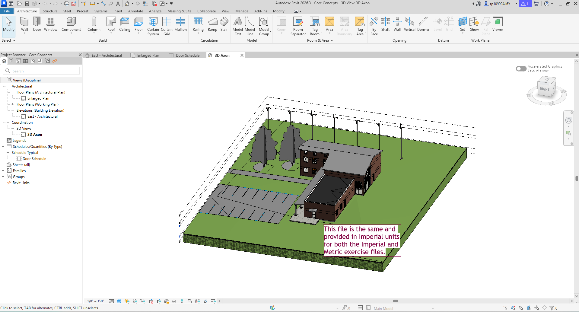 Ventana de Revit con cuatro vistas abiertas como pestañas en la parte superior y listadas también en el Navegador de proyectos, a la izquierda: una planta ampliada, un alzado este, una vista tridimensional axonométrica y una tabla de planificación de puertas