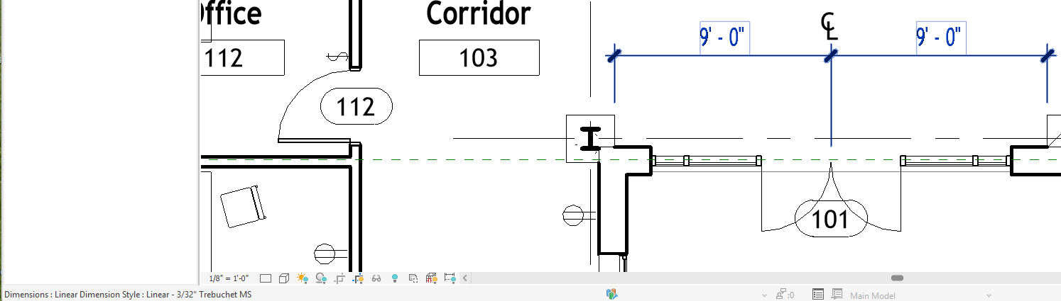 Barra de estado de Revit con una cota señalada. Devuelve Dimensions y Linear Dimension Style, y el nombre del tipo recoge el tamaño y la fuente del texto