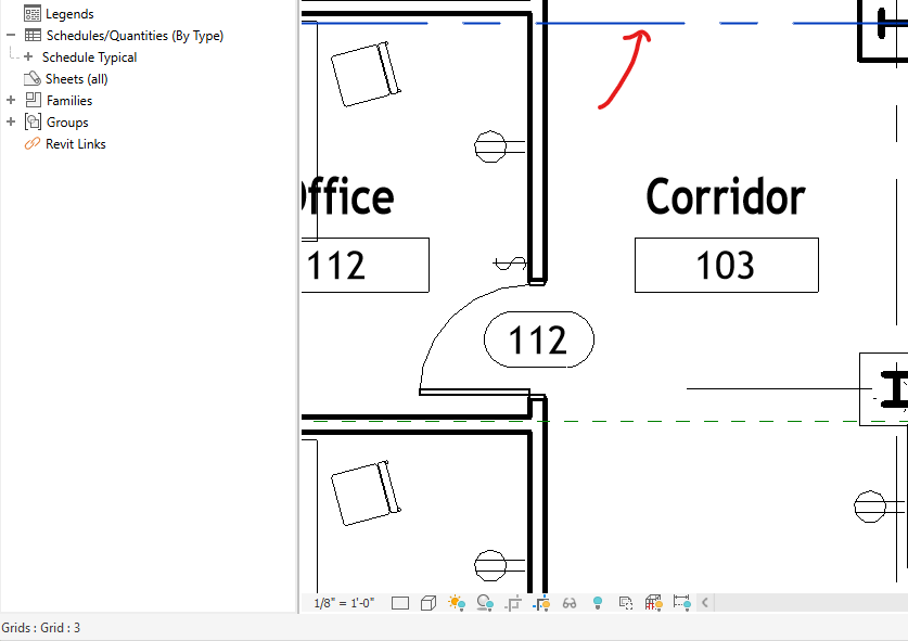 Barra de estado de Revit con una rejilla señalada. Devuelve Grids, Grid y el número 3, que es el nombre de esa rejilla