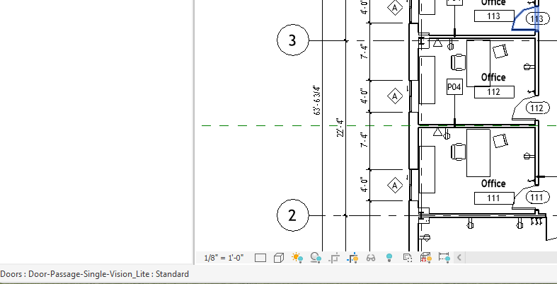 Barra de estado de Revit con una puerta resaltada. Indica la categoría Doors, la familia Door-Passage-Single-Vision Lite y el tipo Standard
