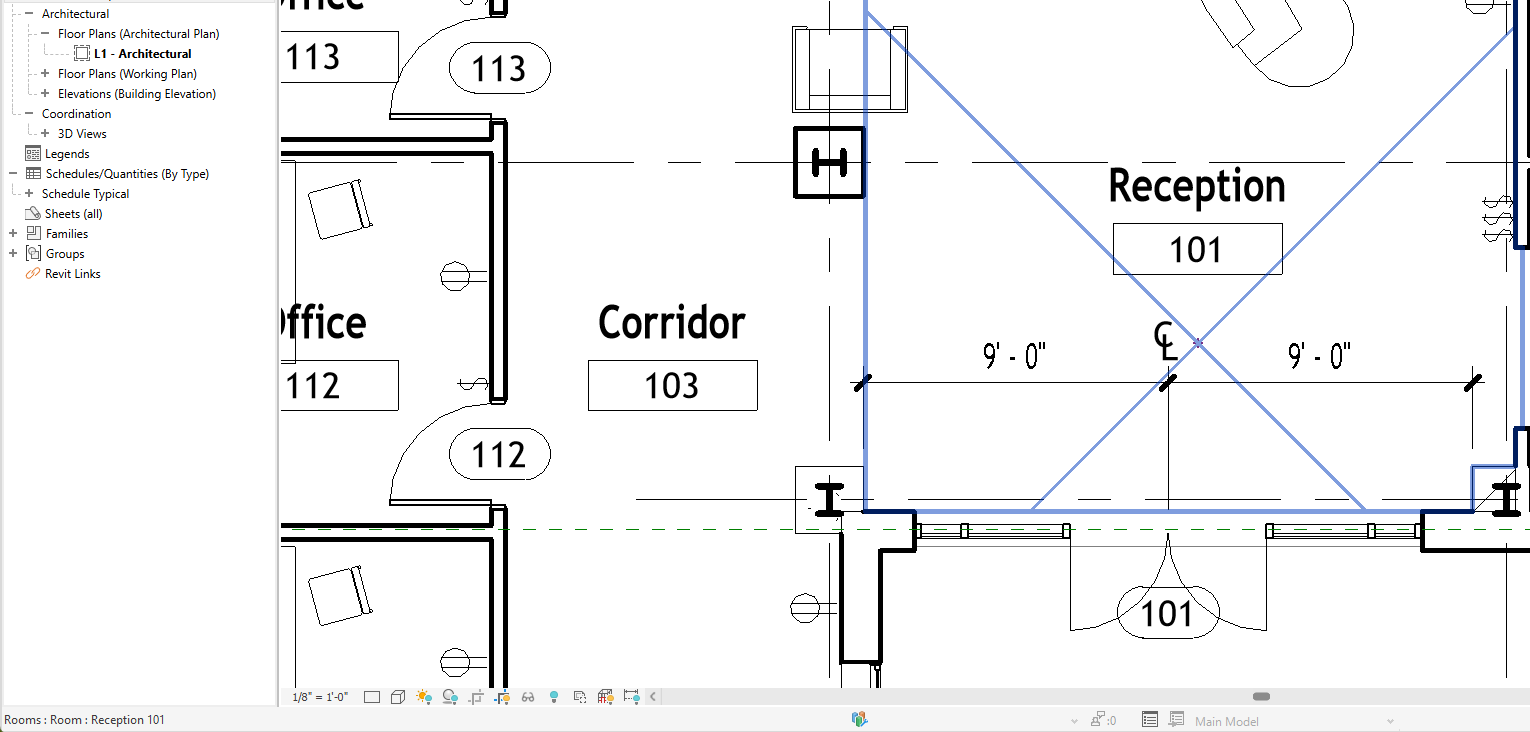 Barra de estado de Revit al señalar la recepción: devuelve Rooms, Room y Reception 101