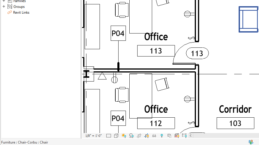 Barra de estado de Revit con una silla seleccionada. Indica la categoría Furniture, la familia Chair-Corbu y el tipo Chair
