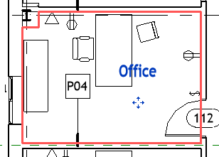 Planta de Revit con una etiqueta de habitación seleccionada, punto de partida de la modificación de la familia
