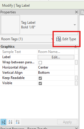 Dentro del editor de familias de Revit se selecciona la etiqueta del nombre y se entra en Editar tipo