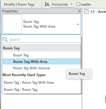 El Selector de tipo desplegado en Revit, mostrando los tres tipos de la familia Room Tag: Room Tag, Room Tag With Area y Room Tag With Volume