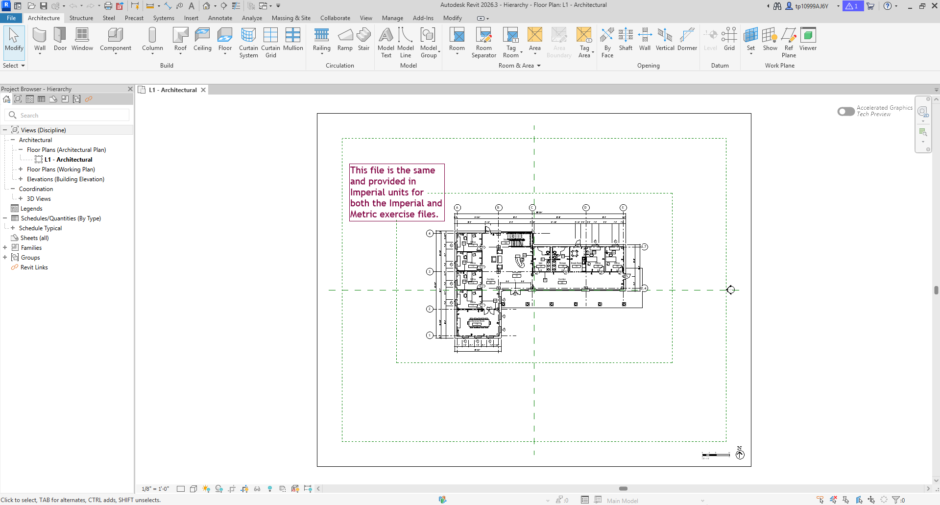 El archivo abierto en la planta L1 de Revit. Una nota dentro de la propia vista recuerda que el archivo es el mismo para el sistema imperial y el métrico