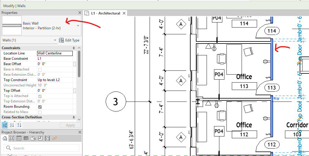 Paleta Propiedades de Revit con un muro seleccionado. En la parte superior aparecen la familia Basic Wall y el tipo Interior Partition, y debajo el selector indica la categoría Walls