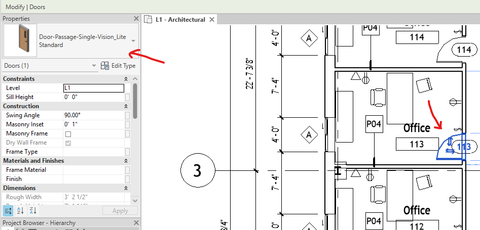 Paleta Propiedades de Revit con una puerta seleccionada: categoría Doors, familia Door-Passage-Single-Vision Lite y tipo Standard