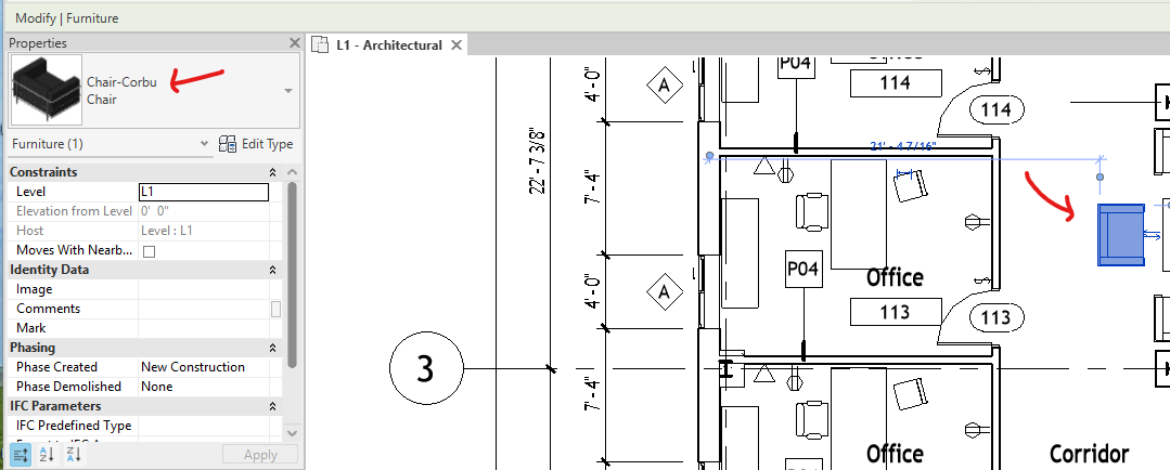 Paleta Propiedades de Revit con una silla seleccionada: categoría Furniture, familia Chair-Corbu y tipo Chair