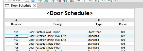 Tabla de planificación de puertas de Revit con la fila de la puerta número 102 seleccionada
