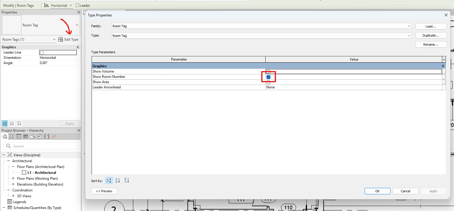 Cuadro de propiedades de tipo en Revit, con la casilla que muestra el número de habitación a punto de desmarcarse