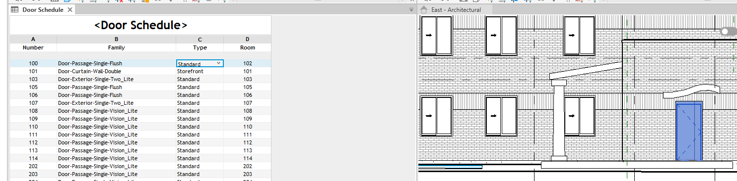 Vista de alzado en Revit con la puerta en su tamaño estándar, manteniendo su altura habitual