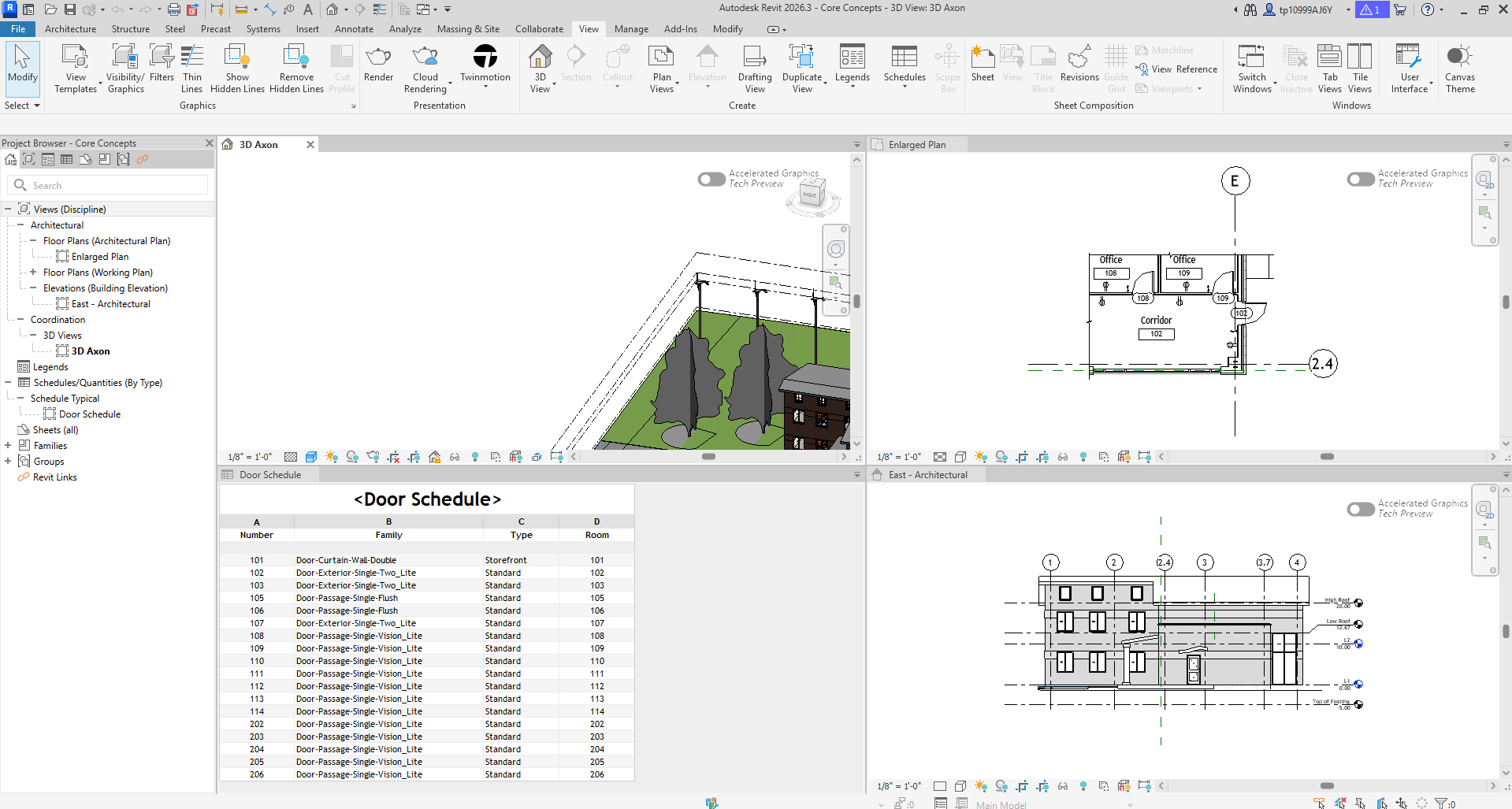 Las cuatro vistas de Revit dispuestas en mosaico ocupando cada una un cuadrante: la vista tridimensional, la planta ampliada, la tabla de puertas y el alzado este, todas visibles al mismo tiempo