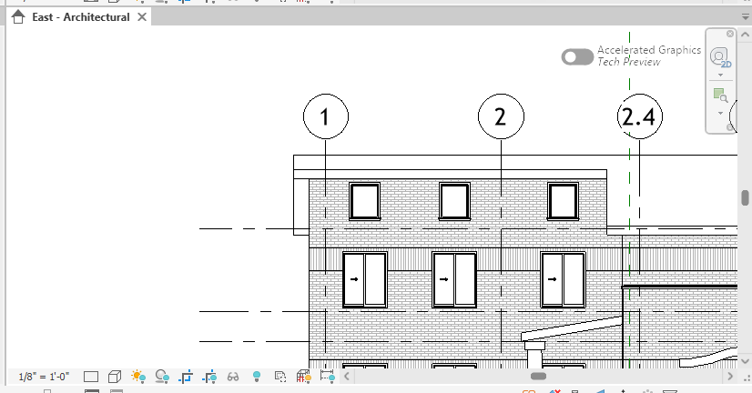 El alzado este de Revit acercado a la fachada donde está la puerta exterior con la que arranca la demostración