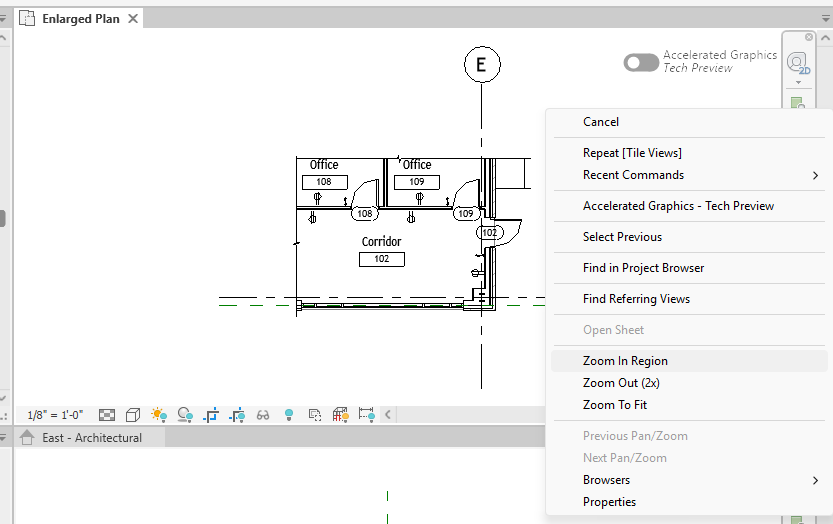 El mismo menú contextual abierto ahora sobre la planta ampliada de Revit, eligiendo zoom en región