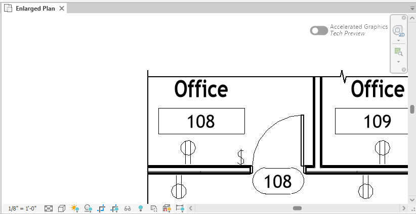 La planta ampliada ya encuadrada en las oficinas 108 y 109 y el corredor 102, con sus etiquetas de puerta visibles