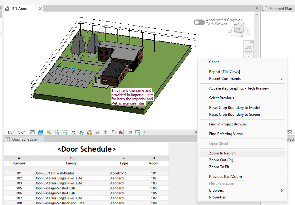 Menú contextual del botón derecho abierto sobre la vista tridimensional de Revit, con las opciones de encuadre entre las que está el zoom en región