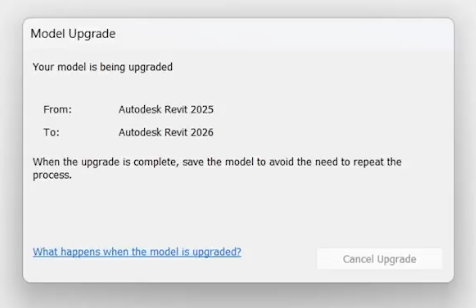Cuadro de aviso de actualización del modelo en Revit. Indica la versión de origen del archivo y la versión de destino a la que se va a actualizar, y ofrece continuar o cancelar la actualización