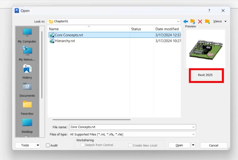 Cuadro de diálogo Abrir de Revit. En la parte central está la lista de archivos y a la derecha un panel de vista previa con la imagen del modelo. Debajo de la vista previa se lee el dato de la versión con la que se guardó el archivo por última vez