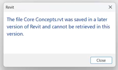 Mensaje de error de Revit al intentar abrir un archivo guardado con una versión posterior. El texto indica que el archivo no se puede recuperar con la versión instalada
