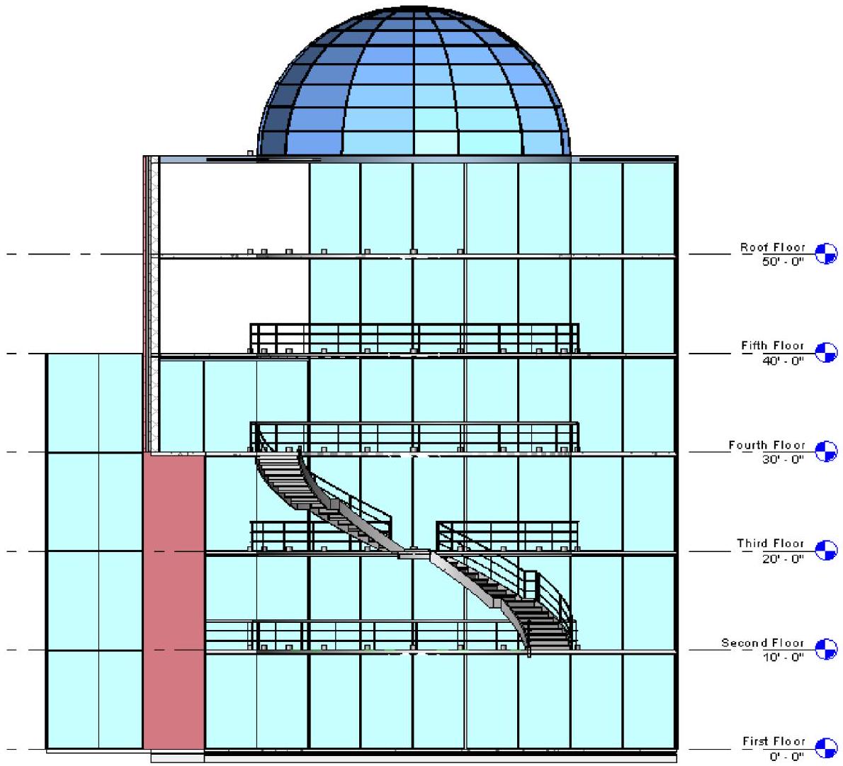 Sección de un edificio de cinco plantas con una cúpula acristalada encima y una escalera curva que sube por el centro. A la derecha, seis marcas de nivel, cada una con su nombre y su cota: First Floor a cero pies, Second Floor a diez pies, Third Floor a veinte pies, Fourth Floor a treinta pies, Fifth Floor a cuarenta pies y Roof Floor a cincuenta pies. Cada línea de nivel cruza la sección de lado a lado y sobre ella se apoyan los forjados. Los muros cortina aparecen en azul claro y el núcleo macizo en rojo