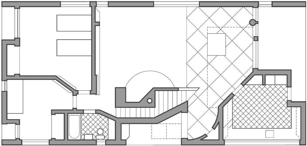 La misma planta con los muros cortados rellenos de gris medio: la envolvente del edificio empieza a leerse por encima del resto del dibujo