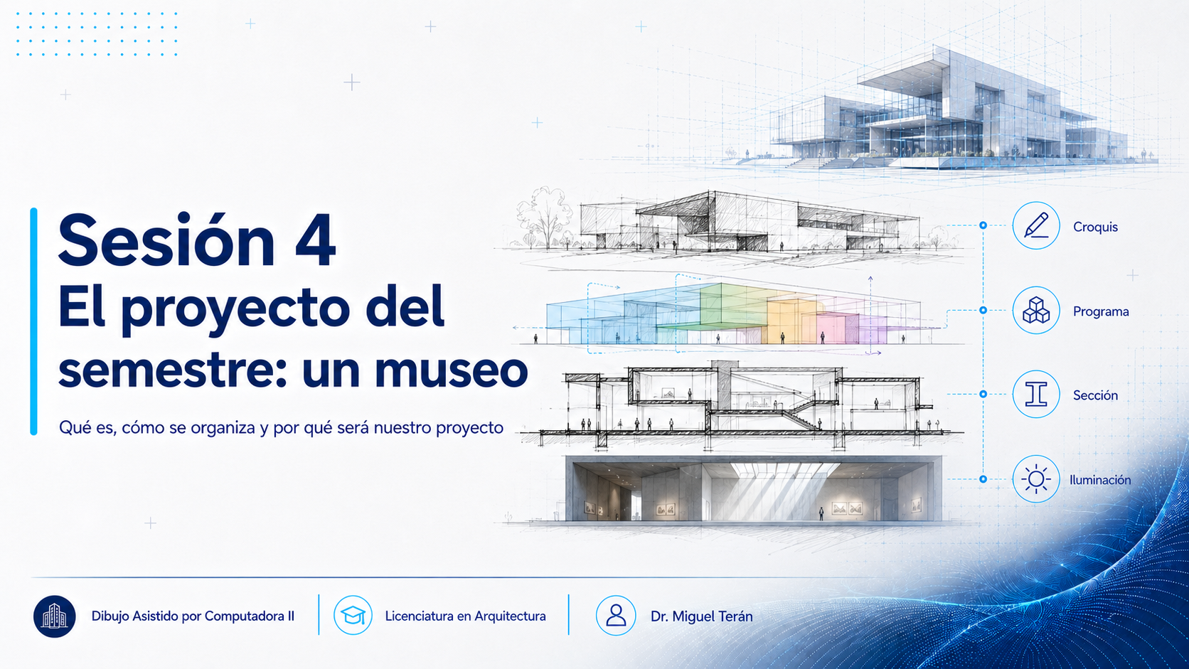 Portada de la presentación de la Sesión 4: El proyecto del semestre, un museo. Croquis apilados de un museo mostrando volumen, programa por colores, sección y una sala iluminada