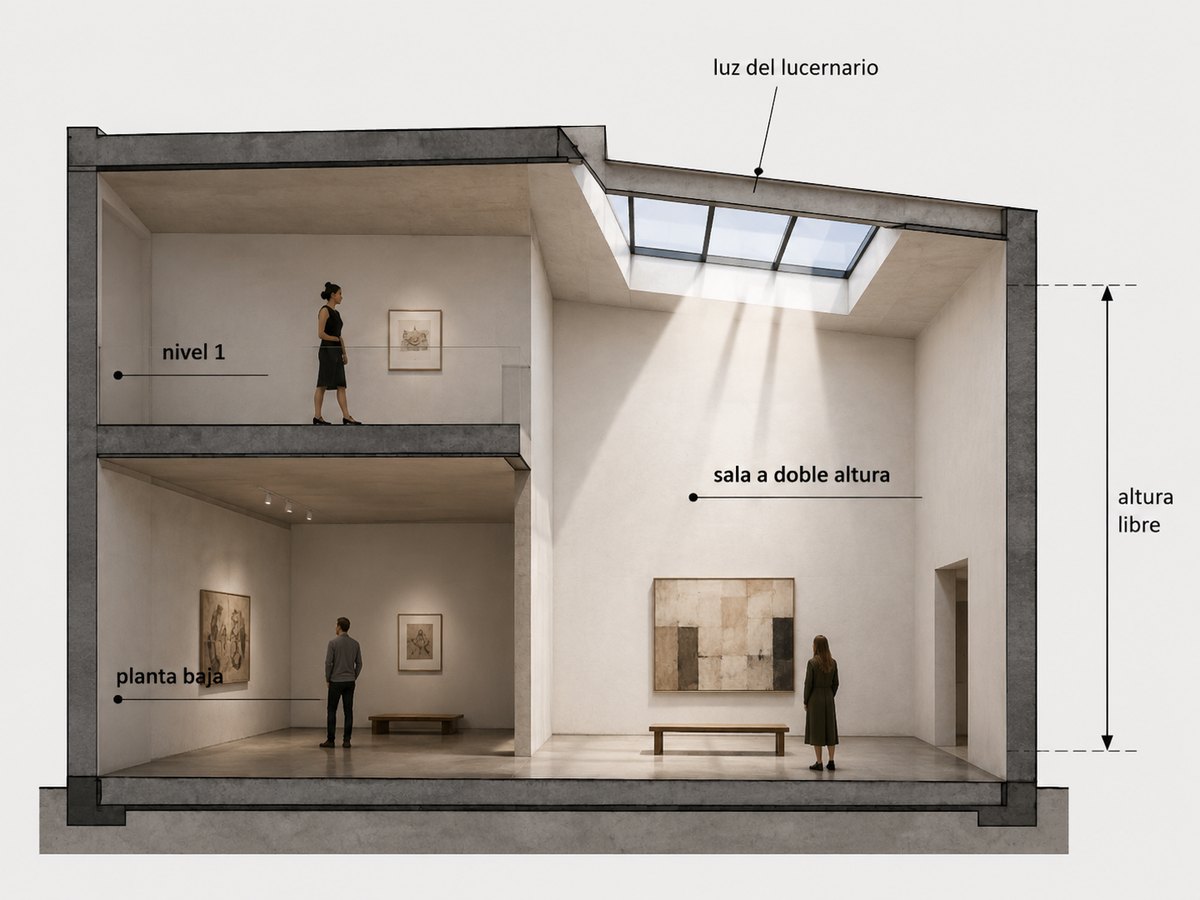 Sección de una sala de museo de dos niveles: a la izquierda la planta baja y el nivel 1 con obras colgadas; a la derecha una sala a doble altura con un lucernario por el que entra luz que lava el muro alto. Los muros y las losas cortados aparecen en tono oscuro. Una cota señala la altura libre