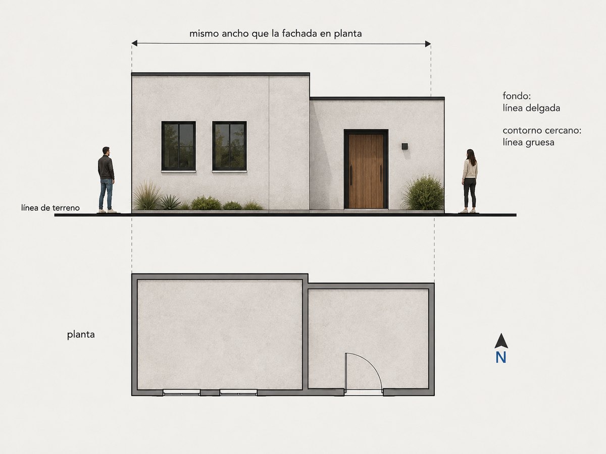 Un alzado dibujado encima de su planta, unidos por líneas de proyección punteadas que bajan desde los extremos de la fachada hasta los bordes de la planta. En la fachada hay dos ventanas y una puerta, y en el borde inferior de la planta aparecen los mismos dos huecos y la misma puerta, alineados con los de arriba. Rótulos: mismo ancho que la fachada en planta, línea de terreno, fondo con línea delgada y contorno cercano con línea gruesa. Una rosa marca el norte