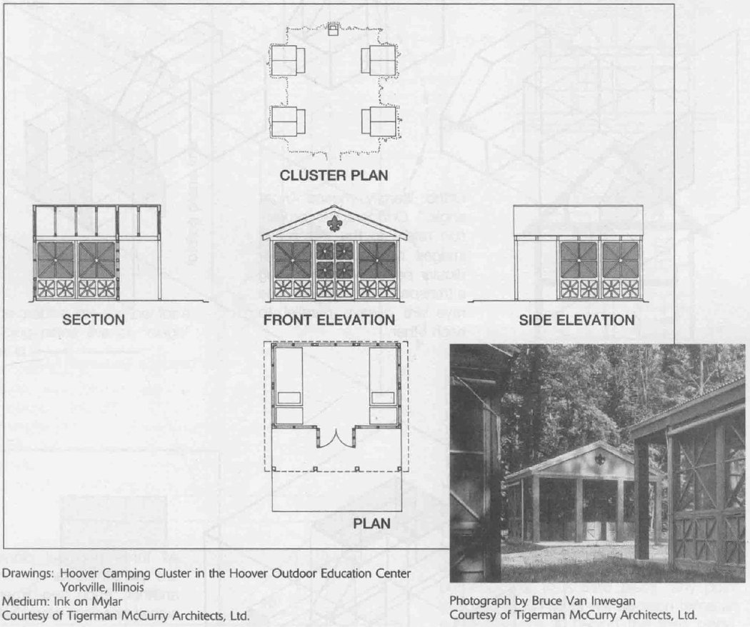 Láminas de un proyecto construido, el Hoover Camping Cluster de Tigerman McCurry Architects: planta de conjunto, sección, alzado frontal, alzado lateral y planta de una cabaña, con una fotografía del edificio terminado al lado